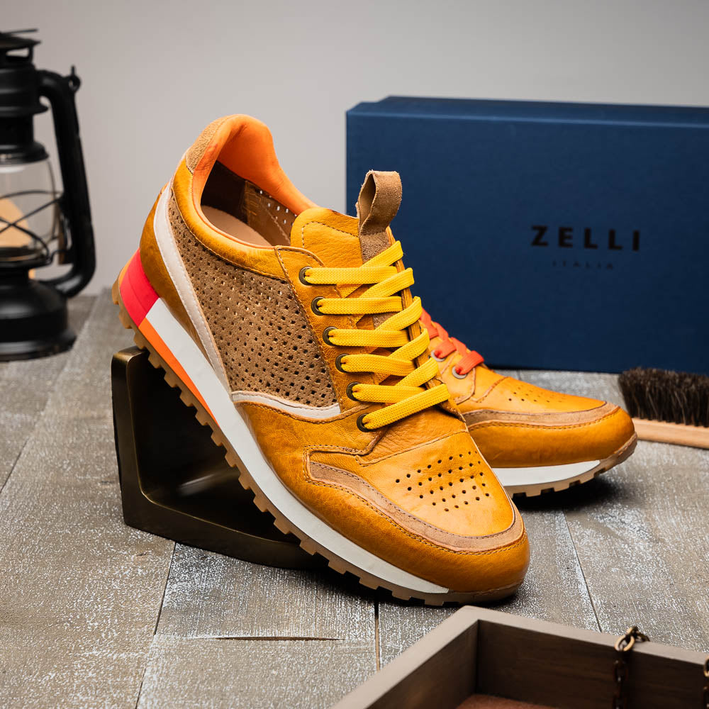Zelli Matteo Calfskin and Perforated Suede Sneakers in Mustard