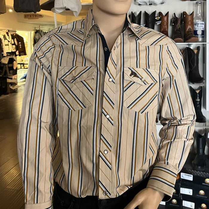 Men's White Diamonds Long Sleeve Beige Stripes Western Shirt