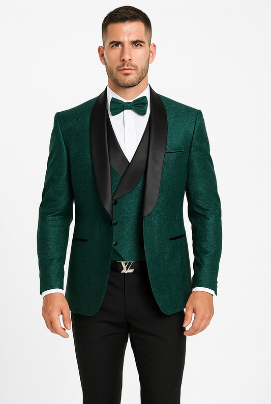 Elegant Hunter Green Floral Lace Tuxedo for Men – Wedding & Formal Events