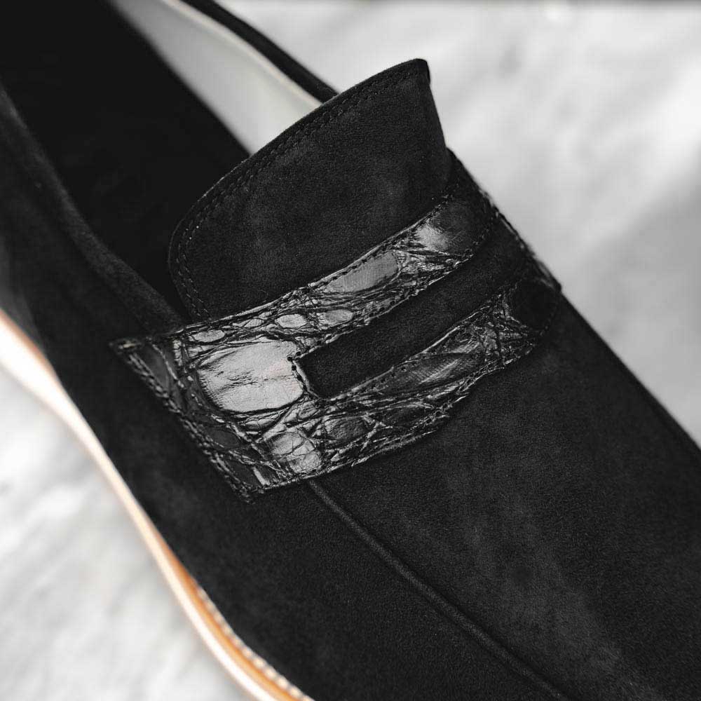Zelli Meo 3 Suede and Crocodile Penny Loafers in Black