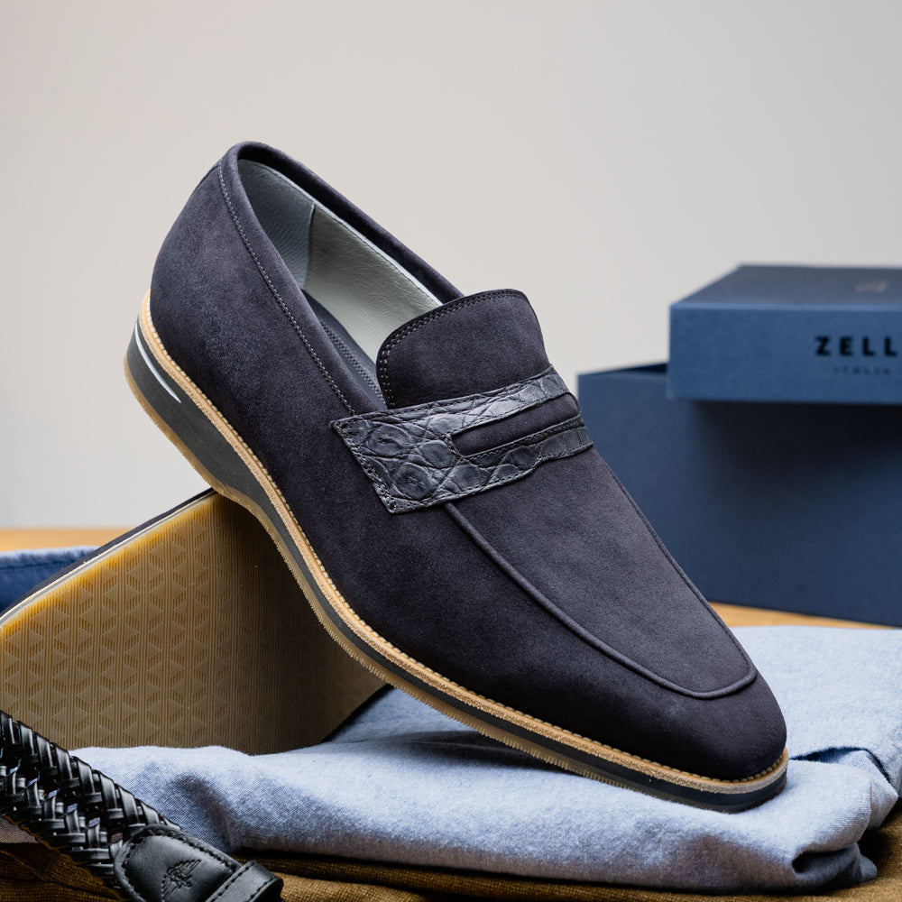 Zelli Meo 3 Suede Loafers with Genuine Crocodile Accent in Grey