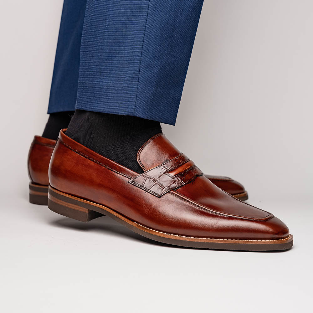 Zelli Meo Hand Burnished Calfskin Penny Loafers in Cognac