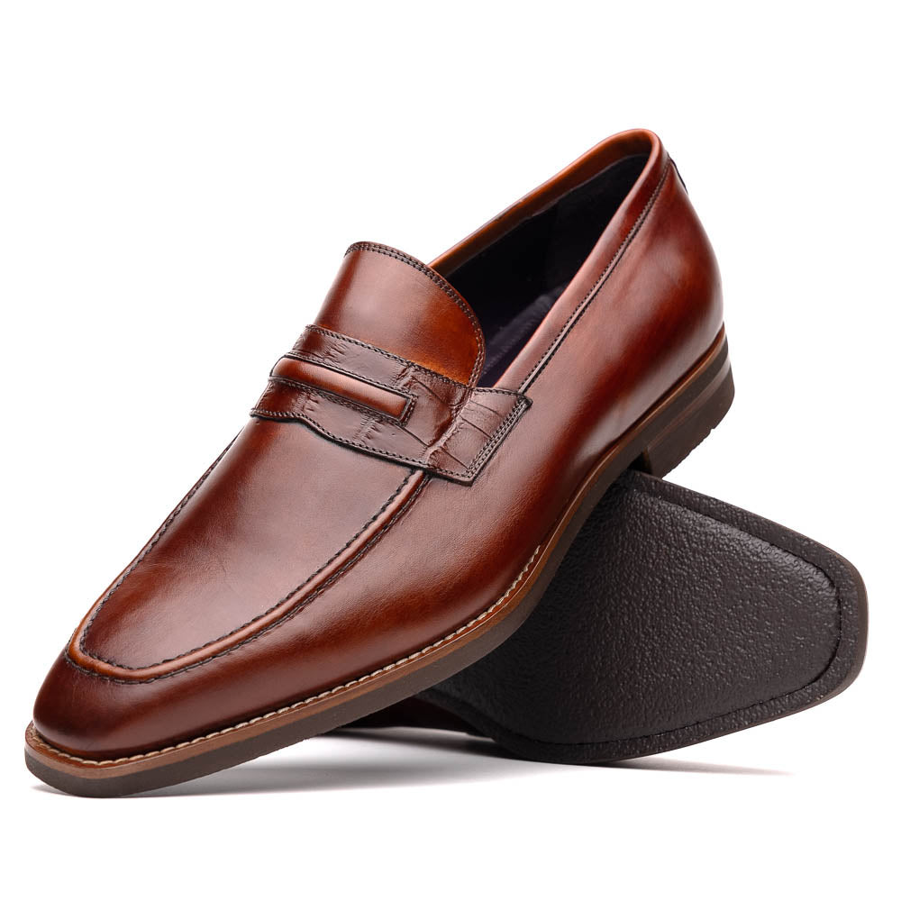 Zelli Meo Hand Burnished Calfskin Penny Loafers in Cognac