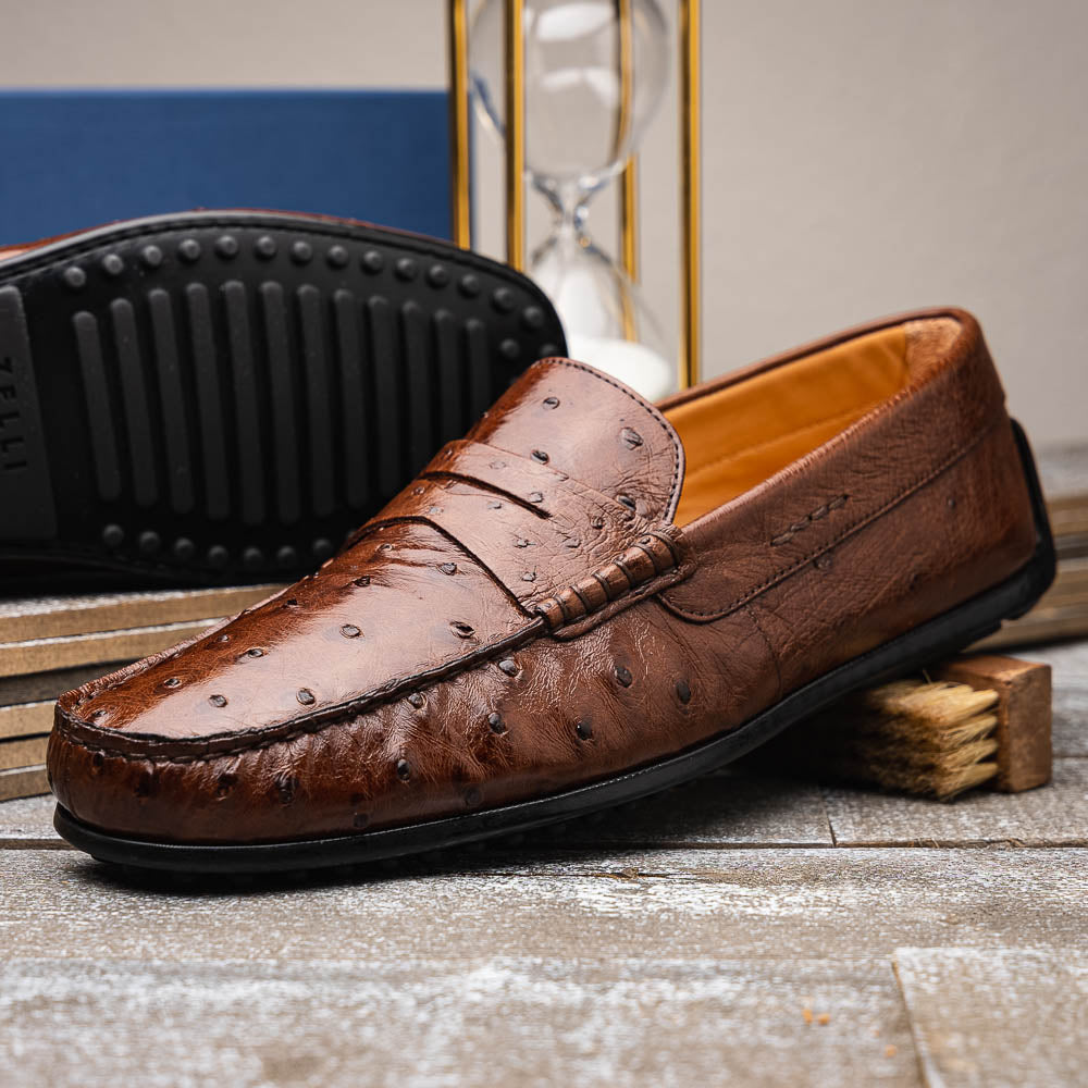 Zelli Monza Genuine Ostrich Quill Driving Loafers in Brown