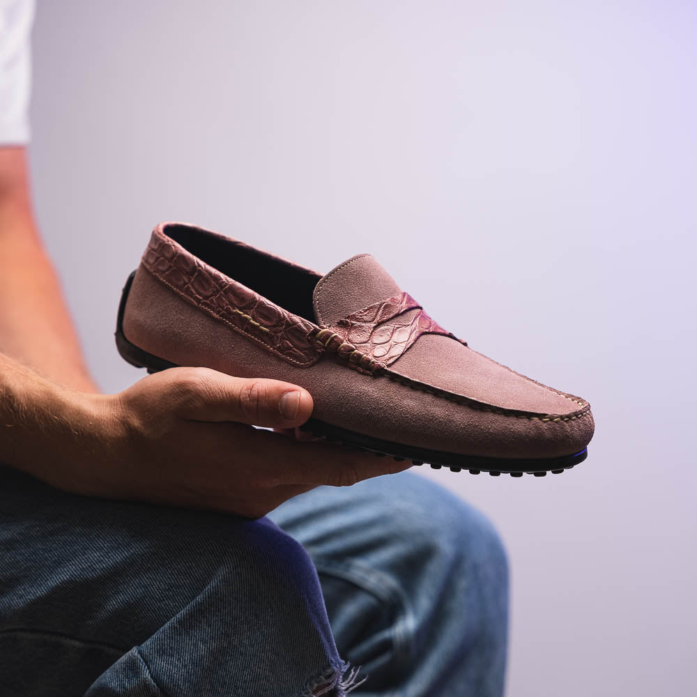 Zelli Monza Suede and Caiman Crocodile Driving Shoes in Candy