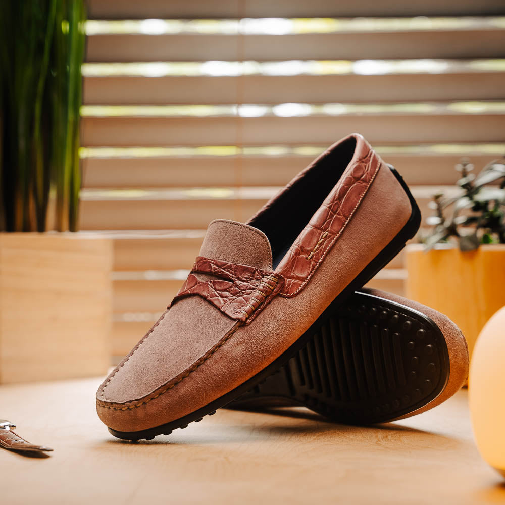 Zelli Monza Suede and Caiman Crocodile Driving Shoes in Candy