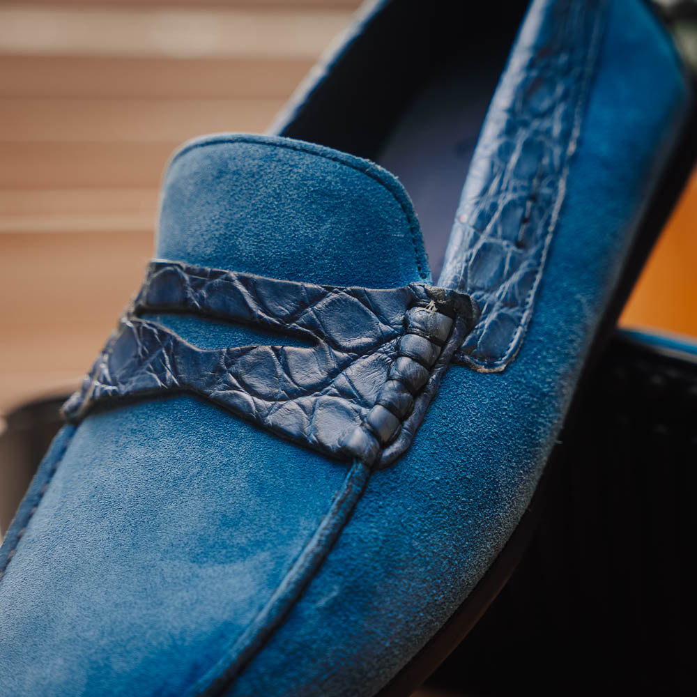 Zelli Monza Suede & Caiman Crocodile Driving Shoes in Denim