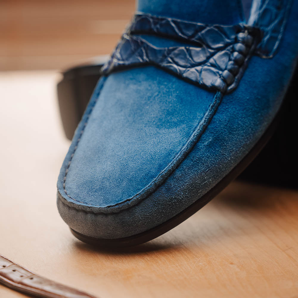 Zelli Monza Suede & Caiman Crocodile Driving Shoes in Denim
