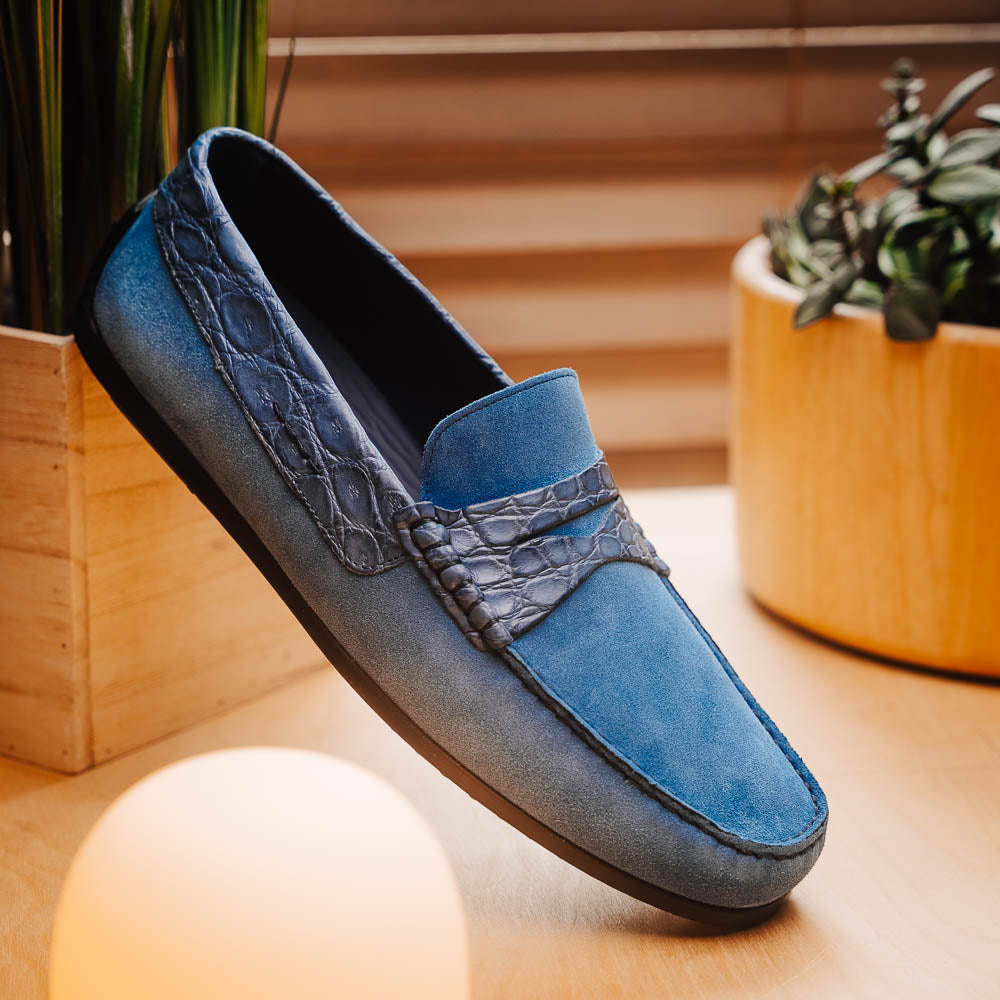 Zelli Monza Suede & Caiman Crocodile Driving Shoes in Denim
