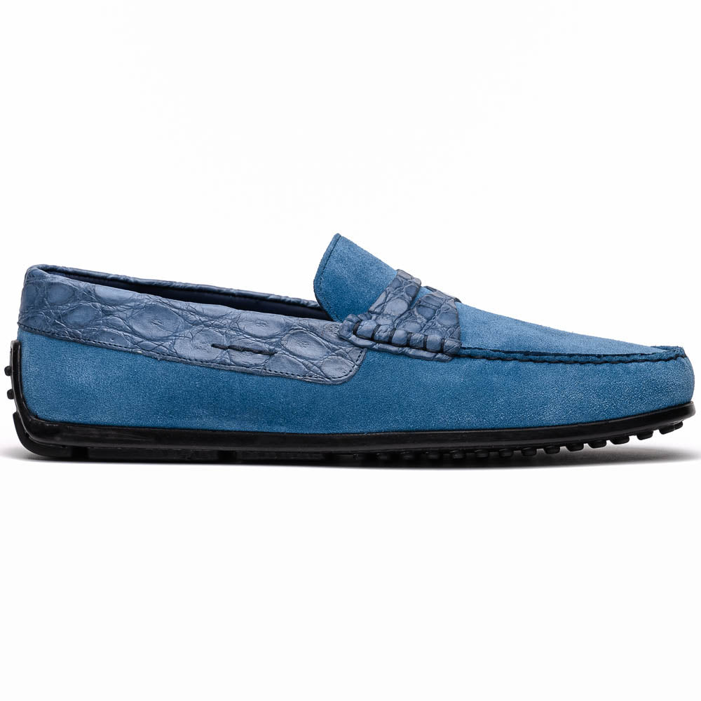 Zelli Monza Suede & Caiman Crocodile Driving Shoes in Denim