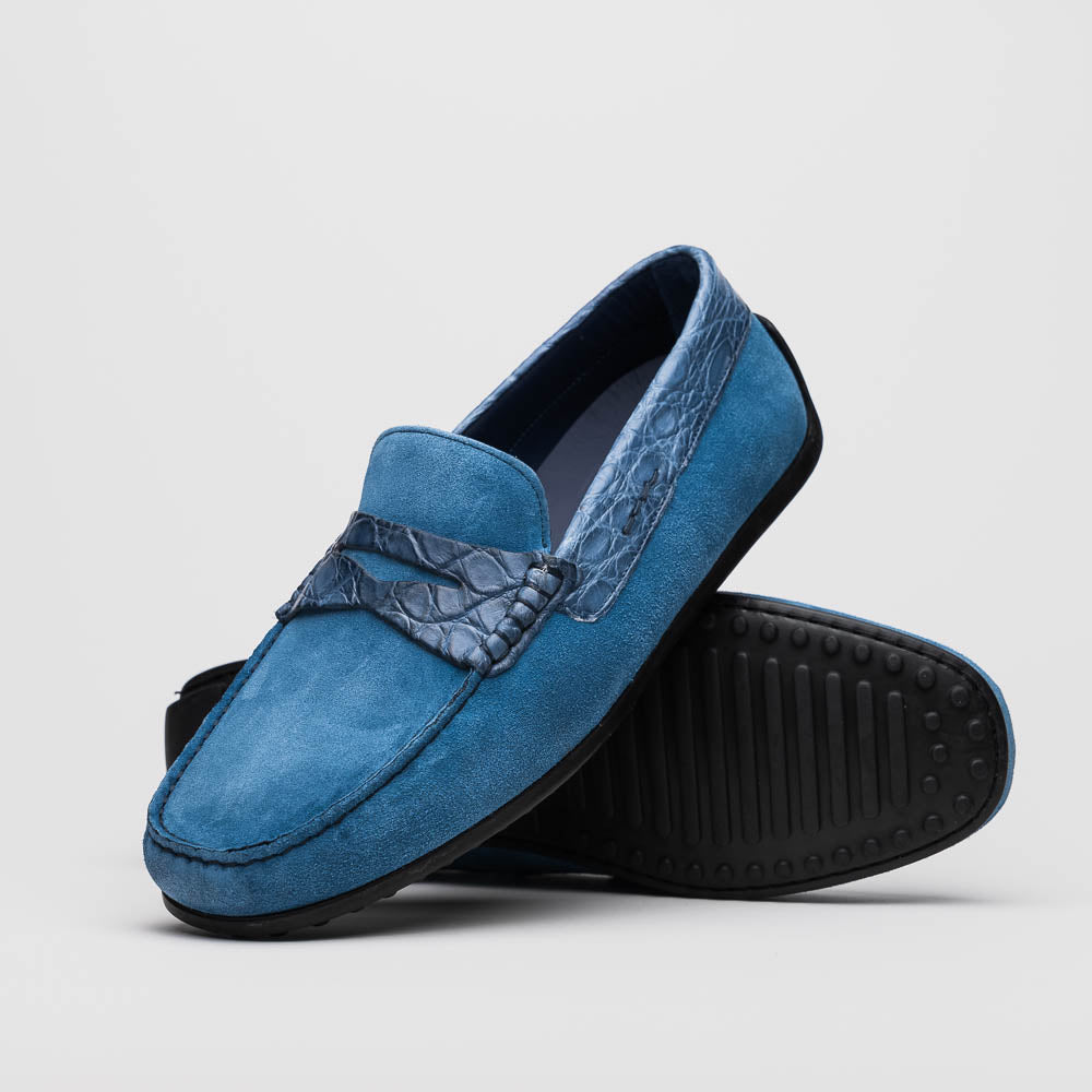 Zelli Monza Suede & Caiman Crocodile Driving Shoes in Denim