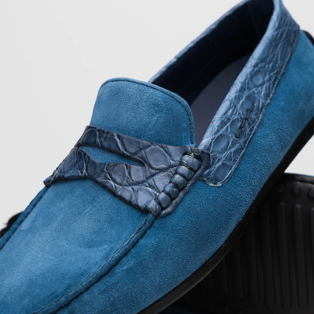 Zelli Monza Suede & Caiman Crocodile Driving Shoes in Denim