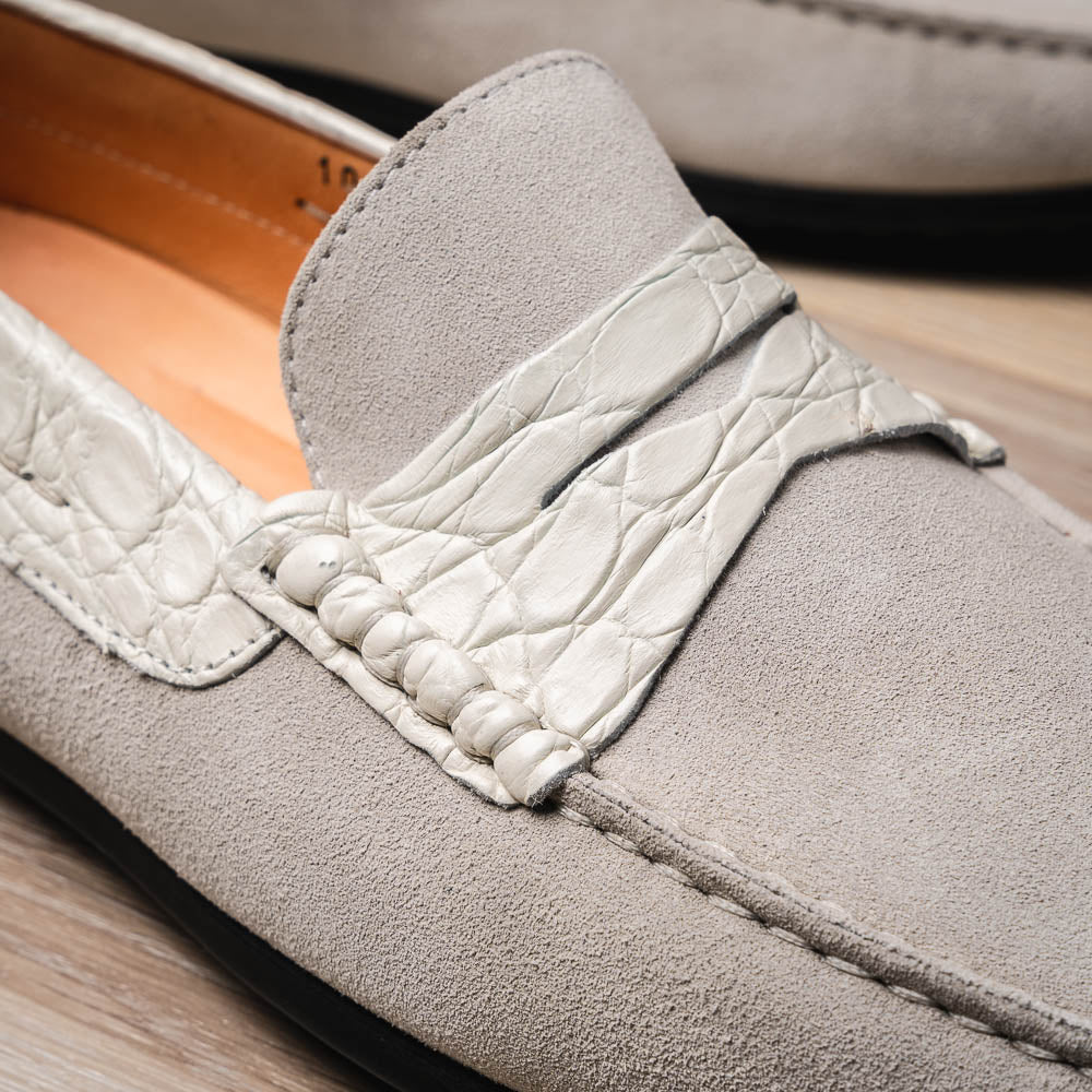 Zelli Monza Suede and Caiman Crocodile Driving Loafer in White