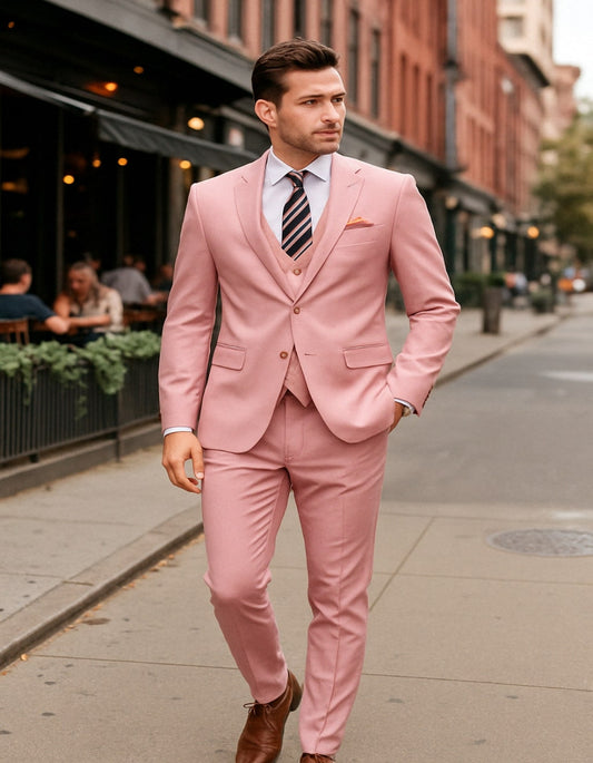 Men’s Pink 3-Piece Slim Fit Suit – Formal Wedding and Prom Outfit with Vest