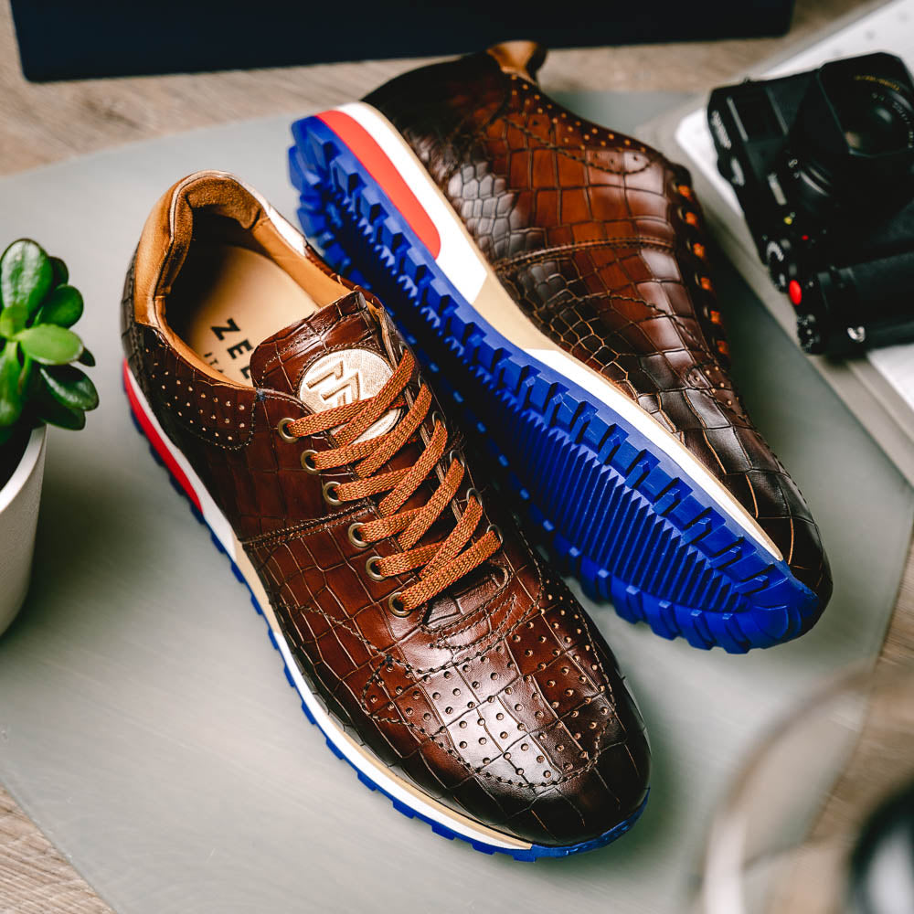 Zelli Rocco Hand-Burnished Embossed Crocodile Sneakers in Brown
