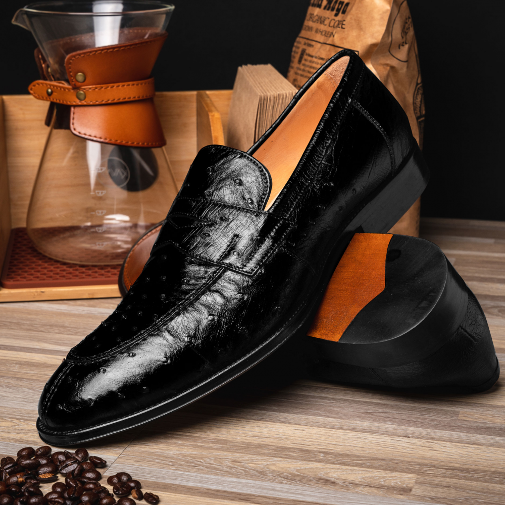 Zelli Roma Classic Penny Loafers in Genuine Black Ostrich Quill