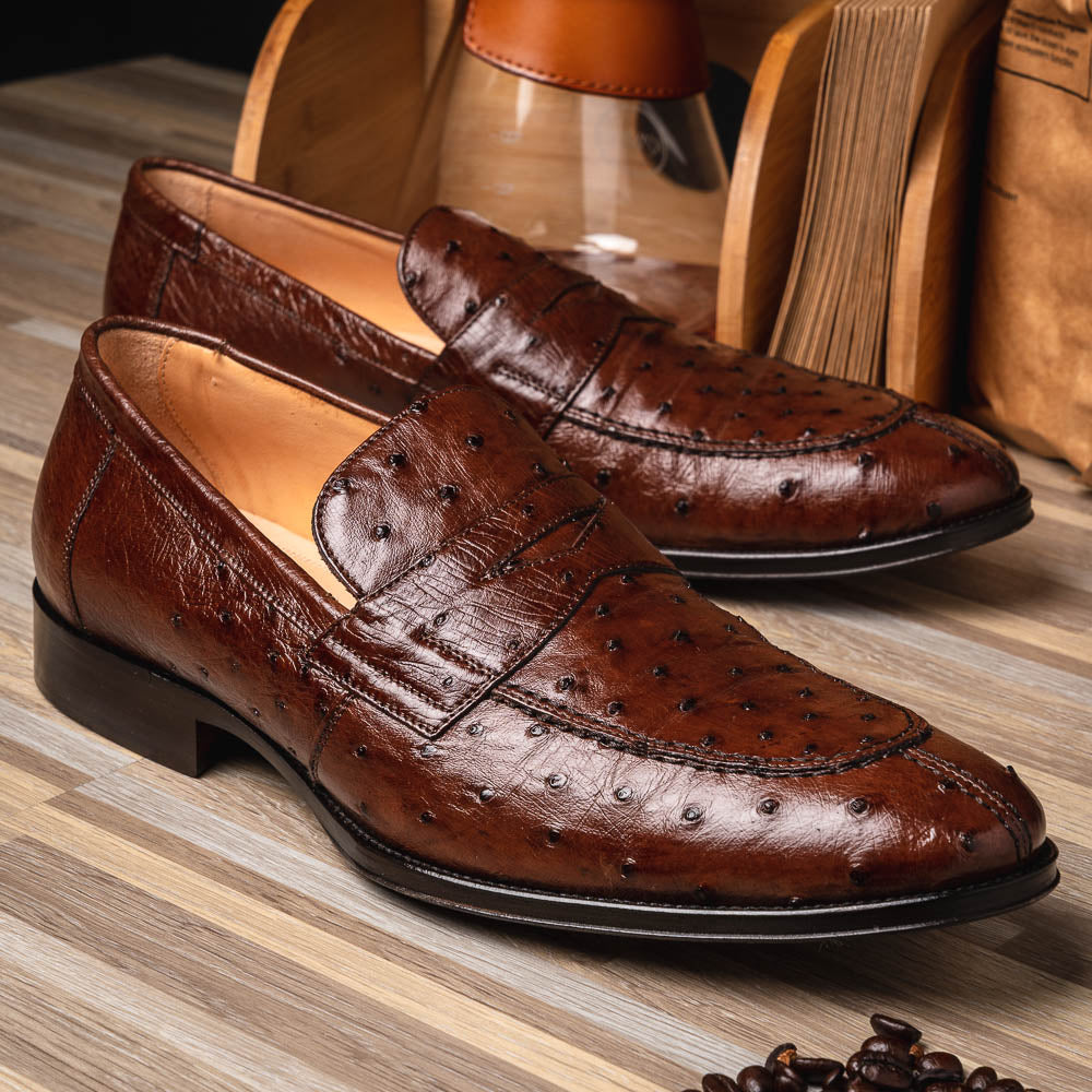 Zelli Roma Classic Penny Loafers in Genuine Brown Ostrich Quill