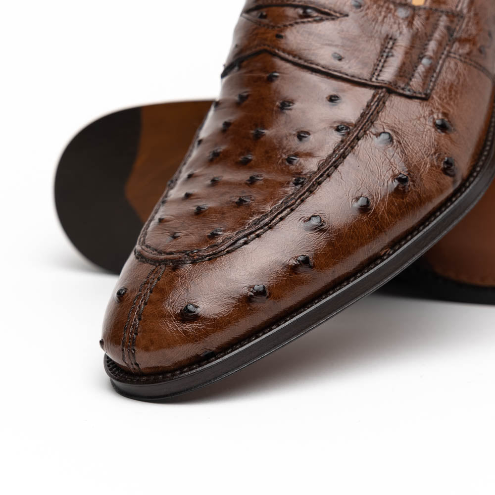 Zelli Roma Classic Penny Loafers in Genuine Brown Ostrich Quill