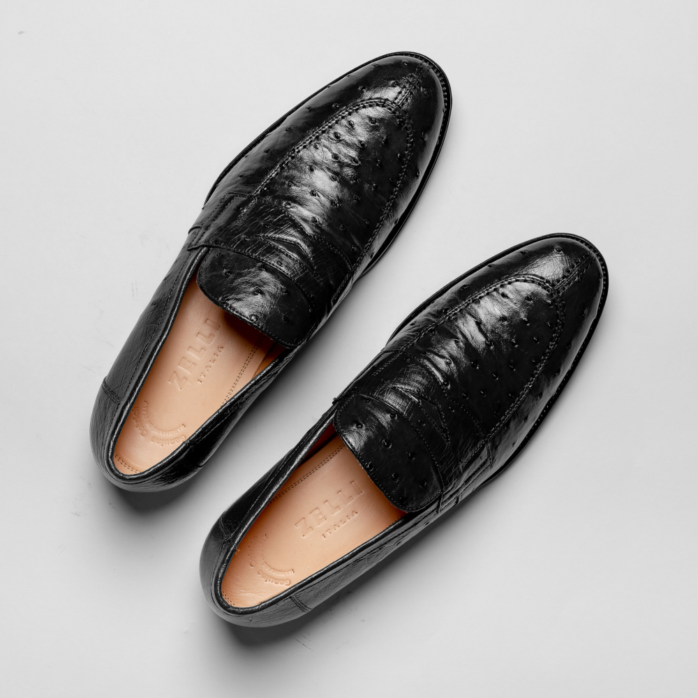 Zelli Roma Classic Penny Loafers in Genuine Black Ostrich Quill