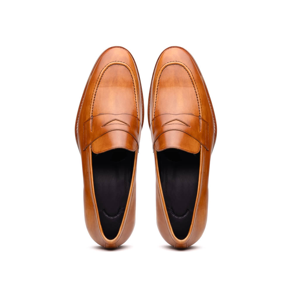 Zelli Roma Hand-Burnished Calfskin Penny Loafers in Camel