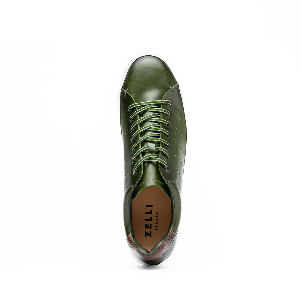 Zelli Russo Burnished Calfskin and Crocodile Luxury Sneakers in Olive