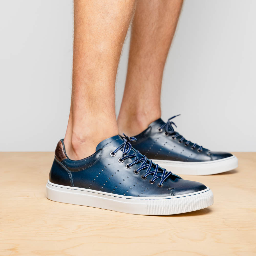 Zelli Russo Navy Calfskin and Crocodile Luxury Fashion Sneakers