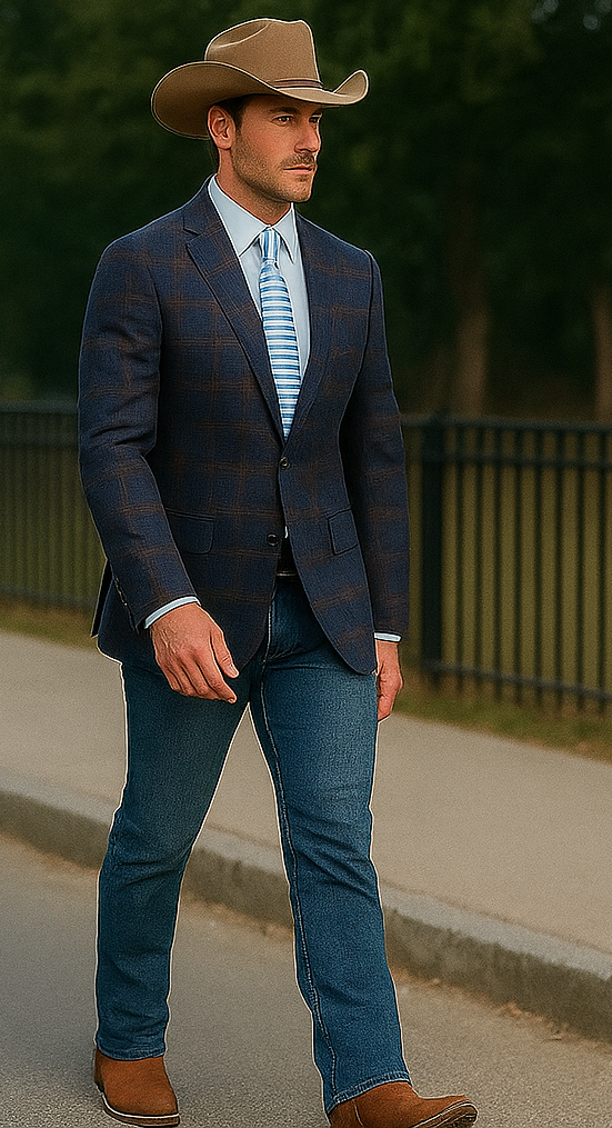 Saco vaquero - Western Sport Coat - Western Blazer - Mens Slim Fit Two Button Sport Coat Blazer Navy Blue & Gold Windowpane P
