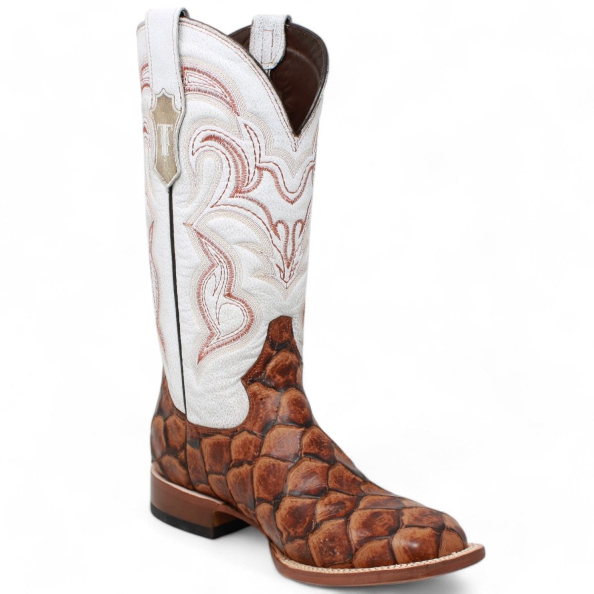 Tanner Mark Women's Pistol Print Monster Fish Square Toe Boots Cognac