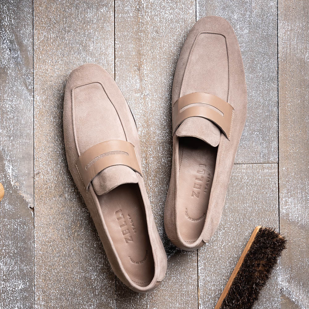 Zelli Tippa Suede and Calfskin Combination Penny Loafers in Taupe