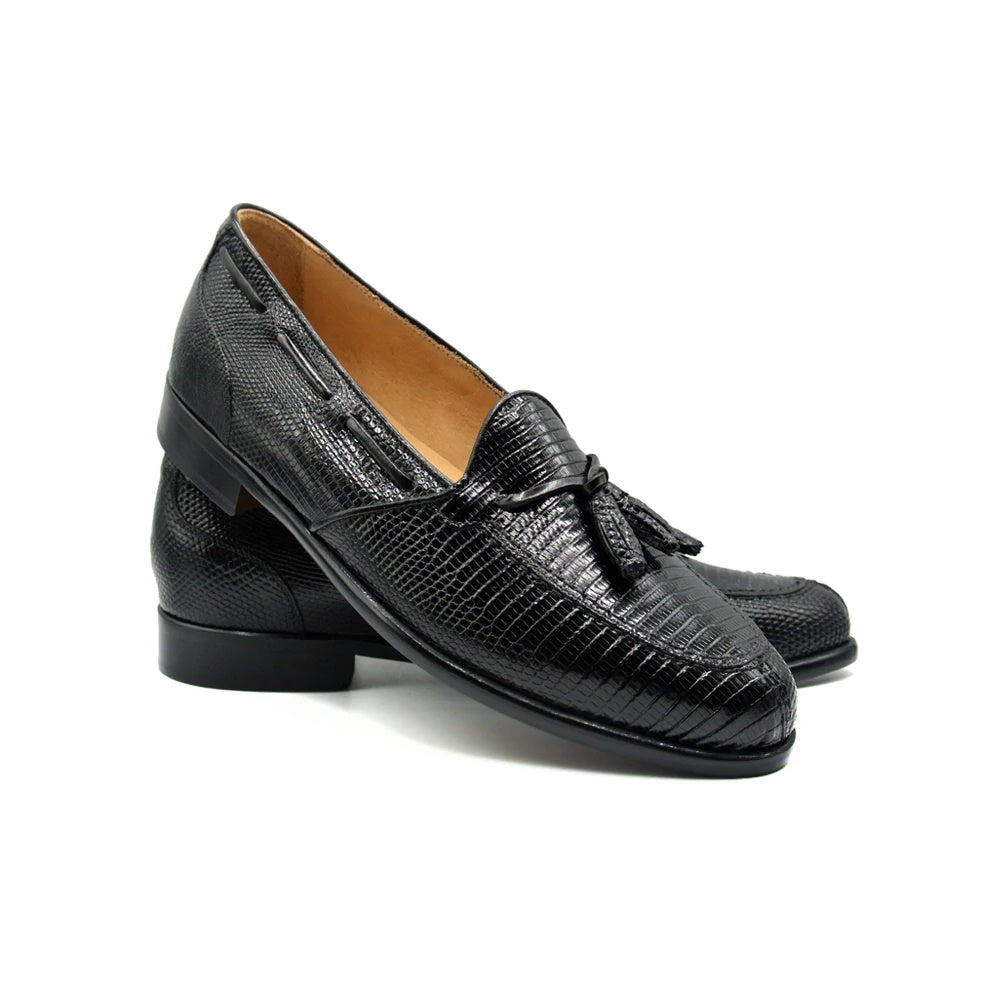 Zelli Franco Genuine Lizard Tassel Loafers in Black with Apron Toe
