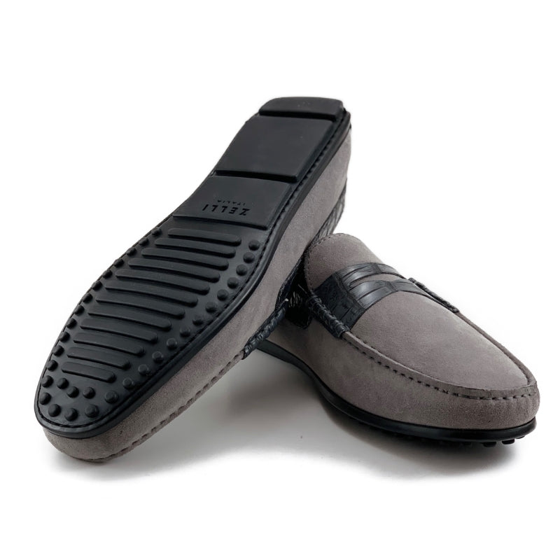 Zelli Monza Suede and Caiman Crocodile Driving Loafers in Gray