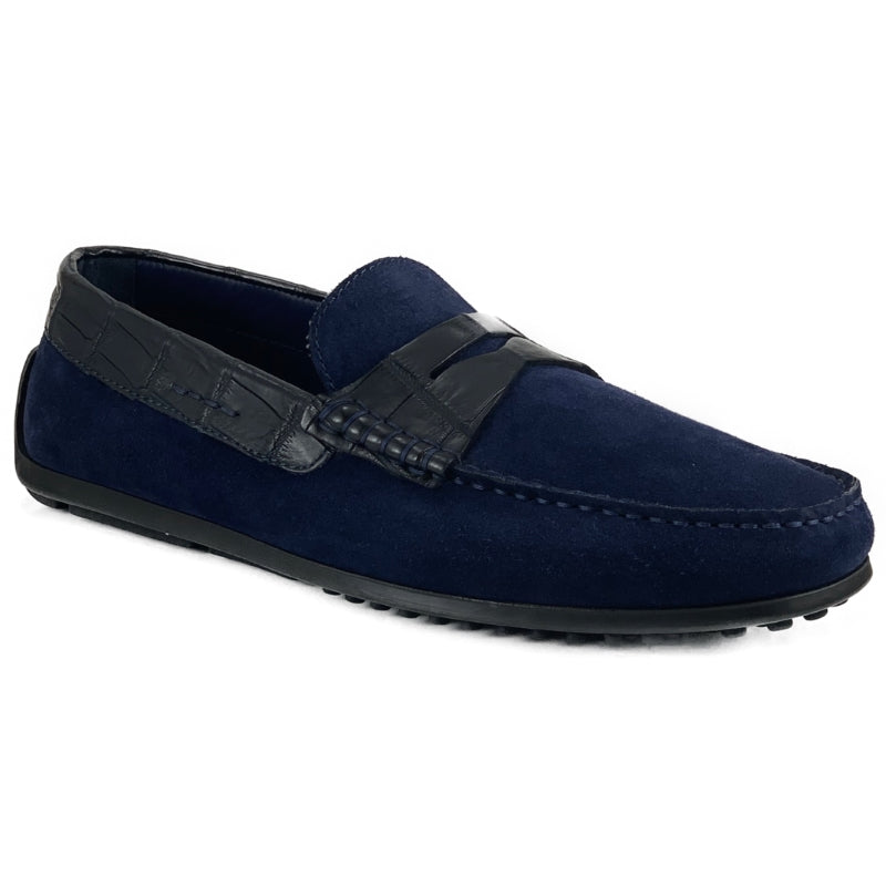 Zelli Monza Navy Suede and Caiman Crocodile Driving Loafers