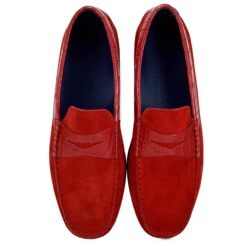 Zelli Monza Suede and Caiman Crocodile Driving Loafers in Red