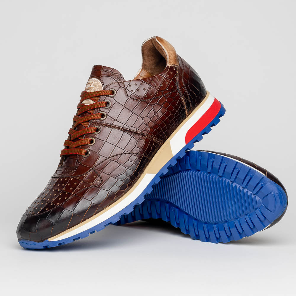 Zelli Rocco Hand-Burnished Embossed Crocodile Sneakers in Brown