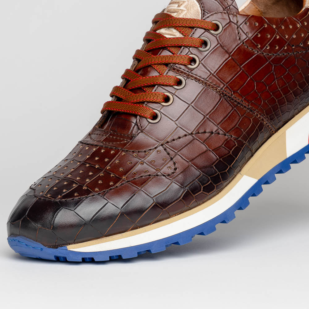 Zelli Rocco Hand-Burnished Embossed Crocodile Sneakers in Brown
