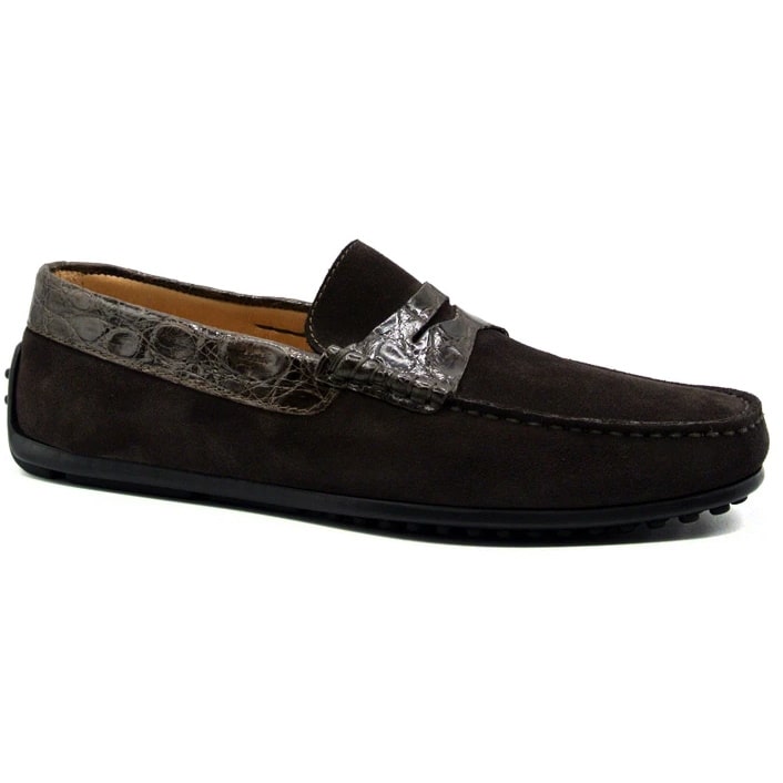 Zelli Monza Suede & Caiman Crocodile Driving Loafers in Nicotine