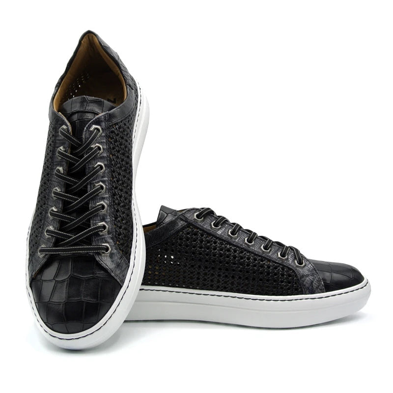 Zelli Vento Woven Calfskin & Crocodile Embossed Sneakers in Black