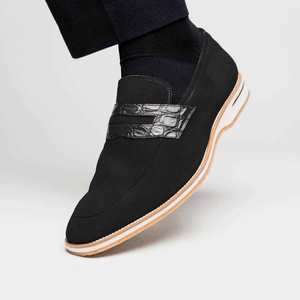 Zelli Meo 3 Suede and Crocodile Penny Loafers in Black
