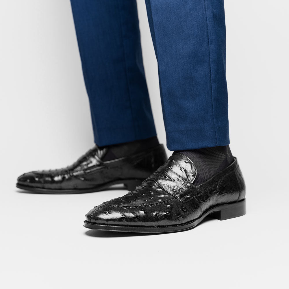 Zelli Roma Classic Penny Loafers in Genuine Black Ostrich Quill