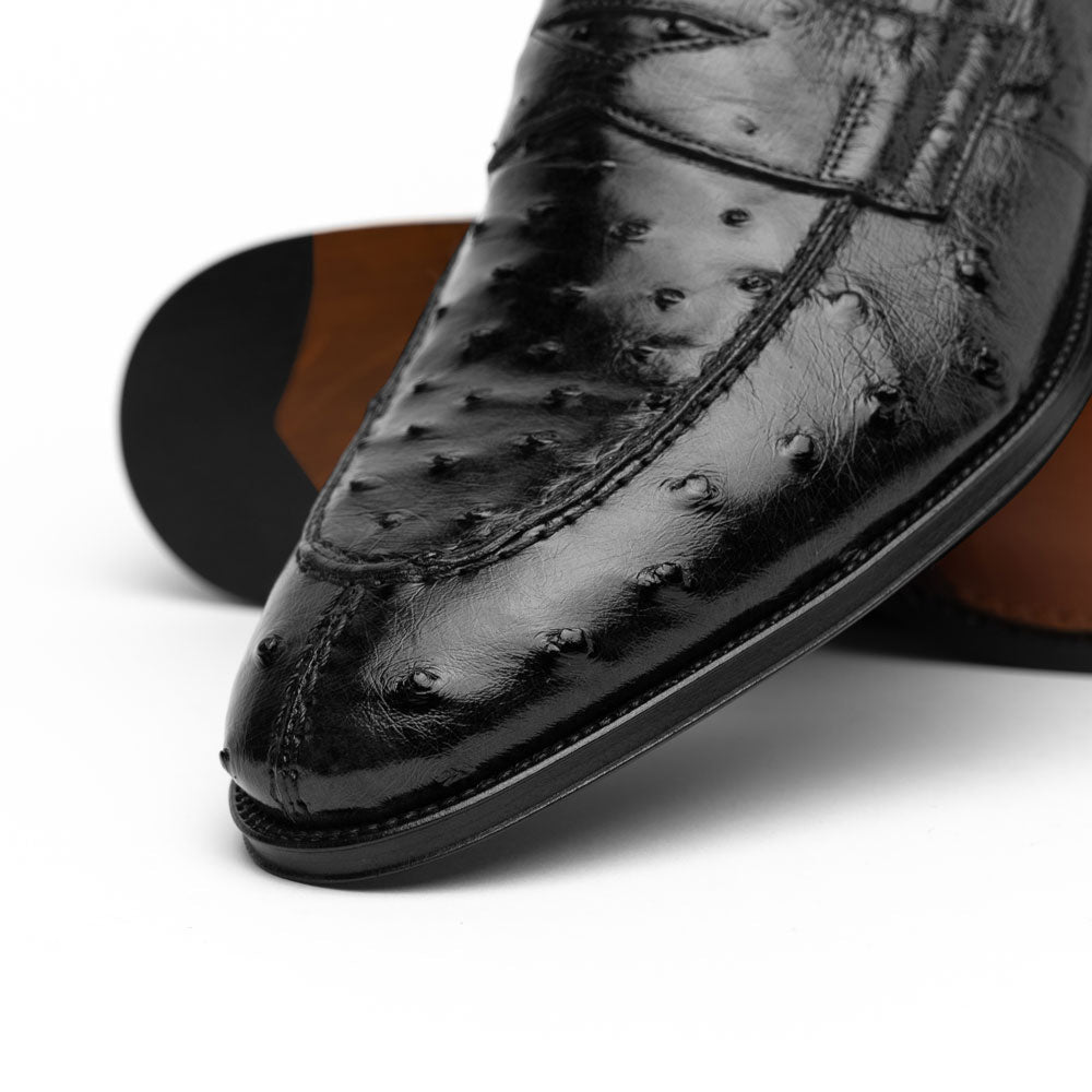 Zelli Roma Classic Penny Loafers in Genuine Black Ostrich Quill