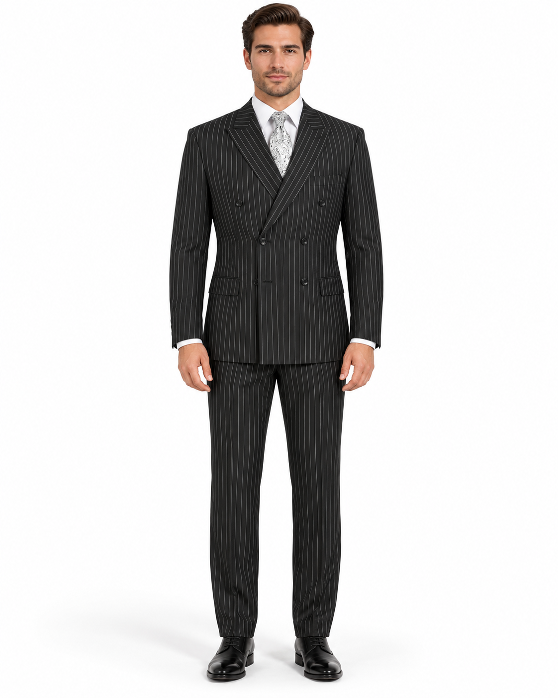 Trajes Elegantes Para Hombre - Trajes De Vestir - Mens Double Breasted Gangster Black Pinstripe Suit