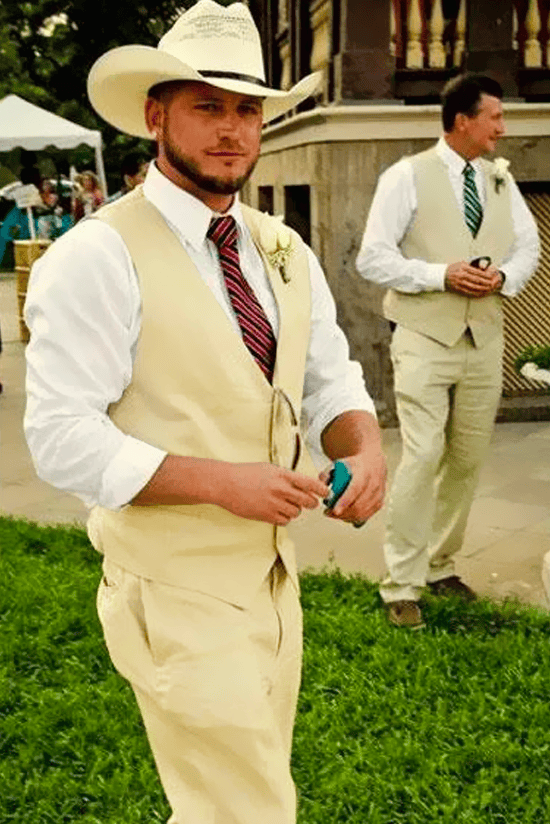 Mens Tan Suit - Men 2 Button Cowboy Trim in Tan Suit - Country Wedding Suits
