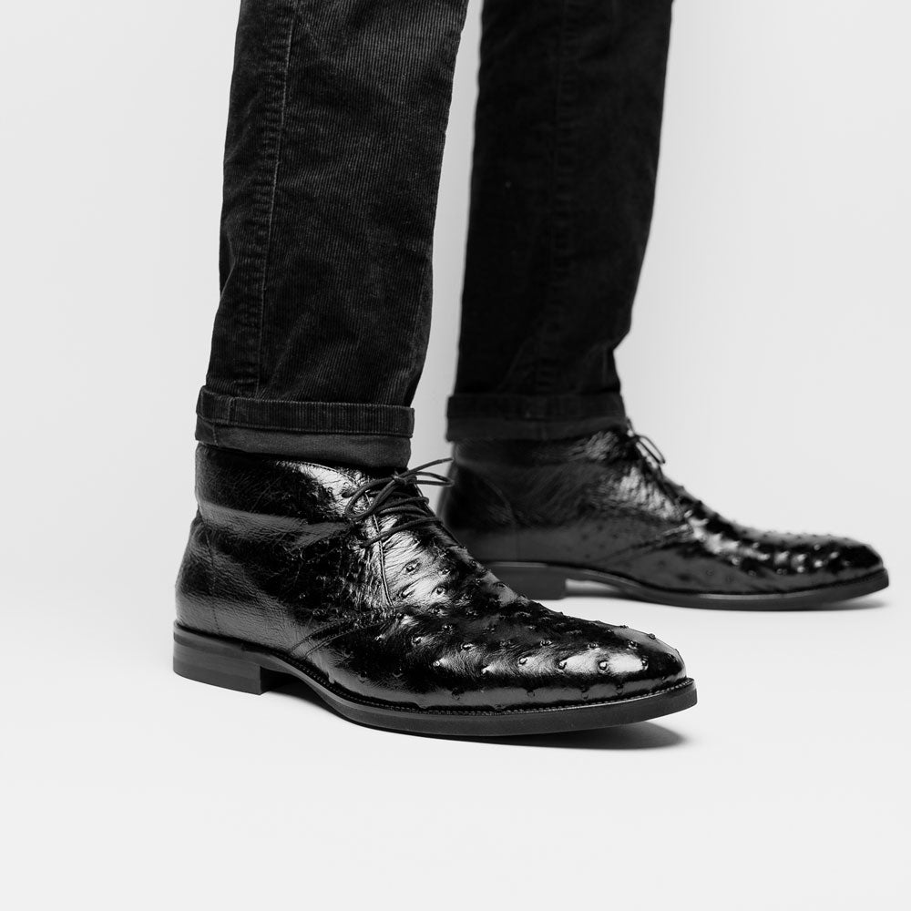 Zelli Marco Genuine Ostrich Quill Lace-Up Chukka Boots in Black