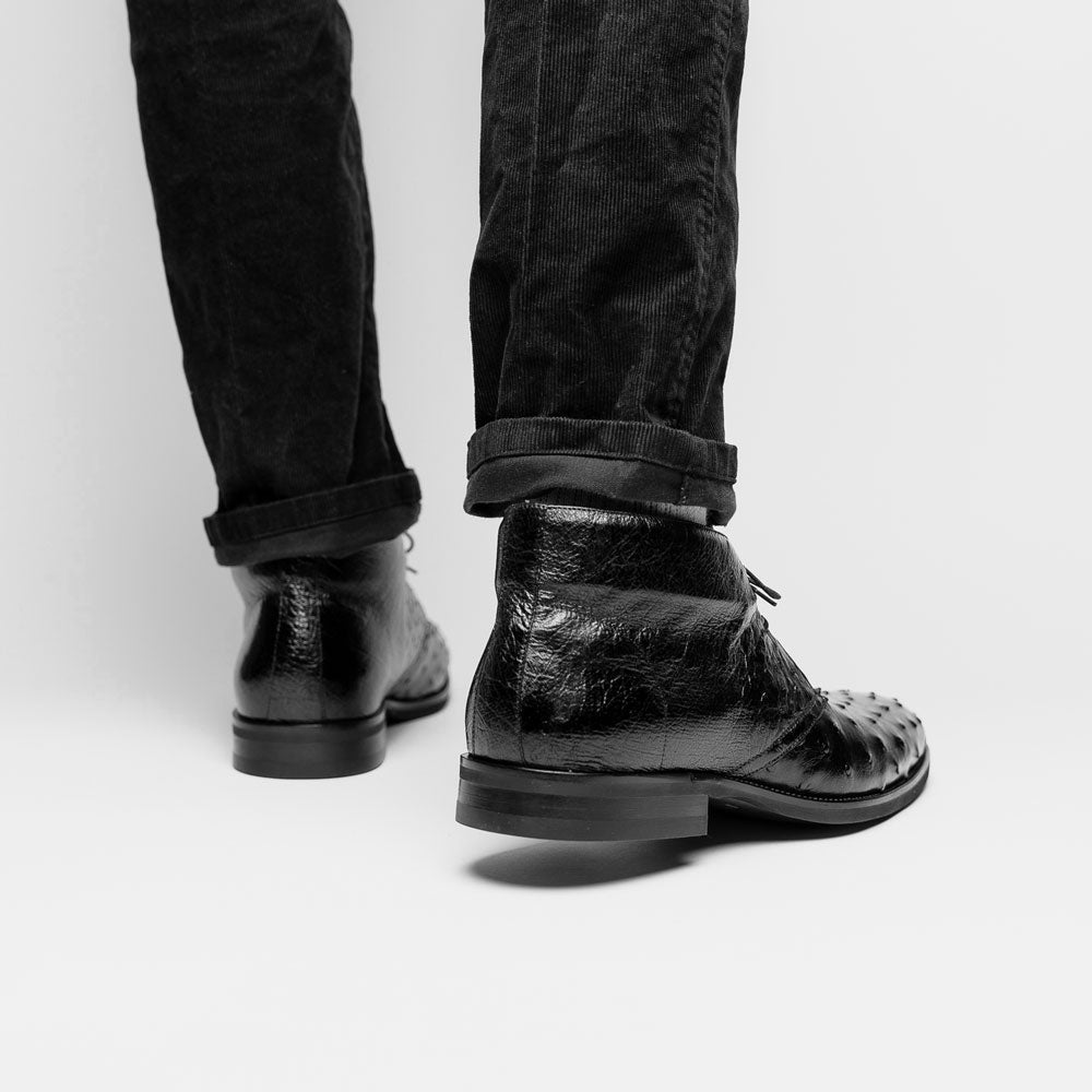 Zelli Marco Genuine Ostrich Quill Lace-Up Chukka Boots in Black