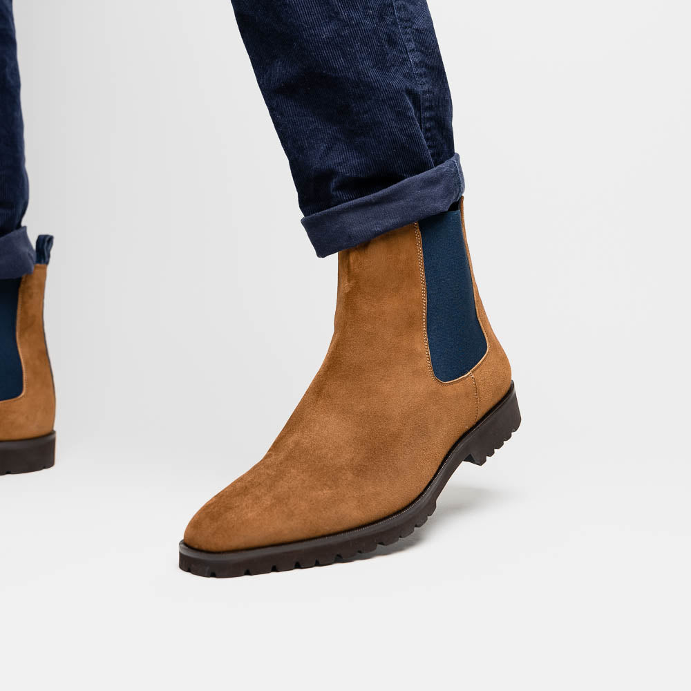 Zelli Gianna Suede Chelsea Boots in Cognac with Flexible Navy Goring