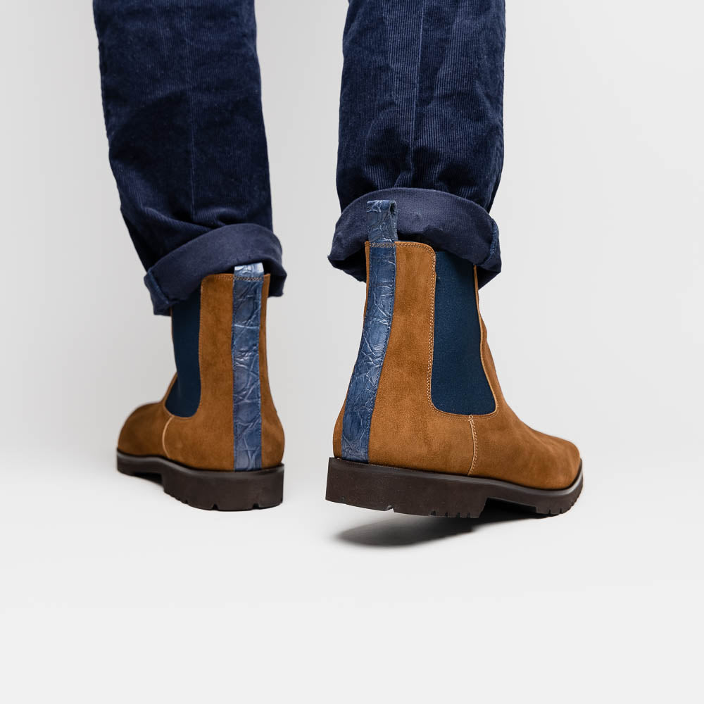 Zelli Gianna Suede Chelsea Boots in Cognac with Flexible Navy Goring