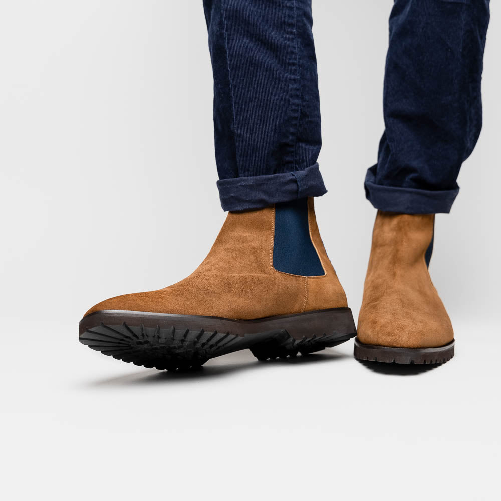 Zelli Gianna Suede Chelsea Boots in Cognac with Flexible Navy Goring
