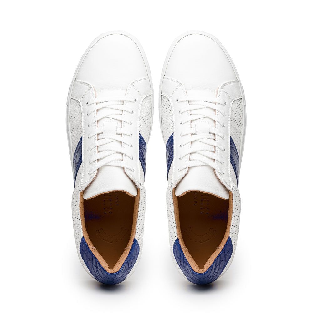 Zelli Olympias Crocodile-Trimmed Calfskin Sneakers in White and Navy