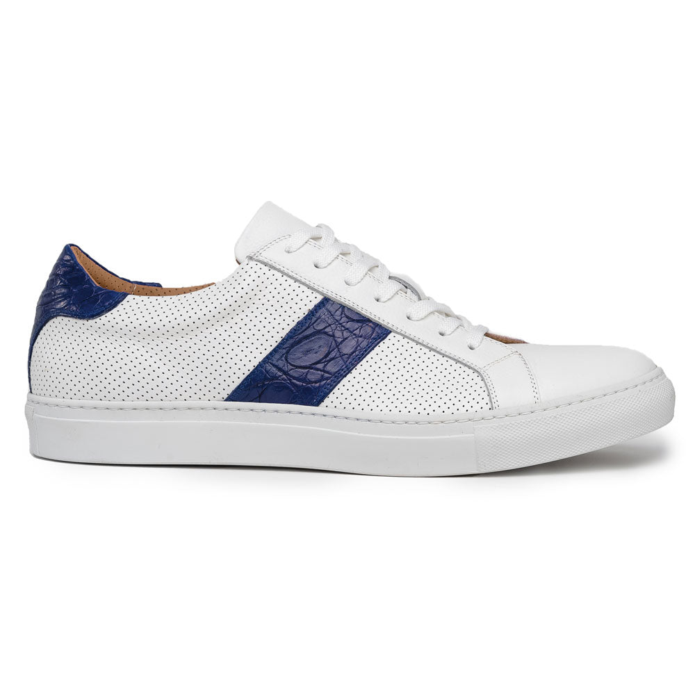 Zelli Olympias Crocodile-Trimmed Calfskin Sneakers in White and Navy