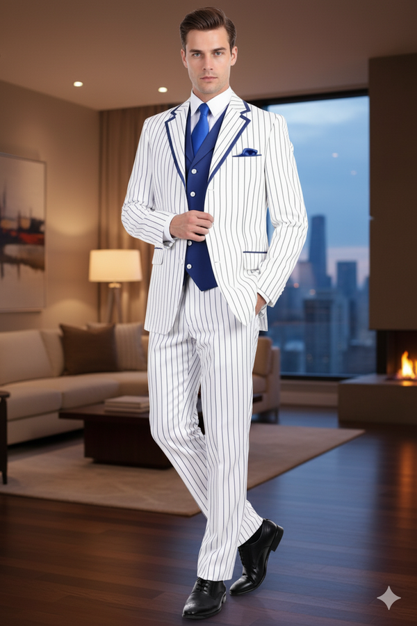 Royal Blue Suits - Men’s White and Royal Blue Pinstripe 3-Piece Suit – Classic Fit Blazer with Vest, Pants, and Tie